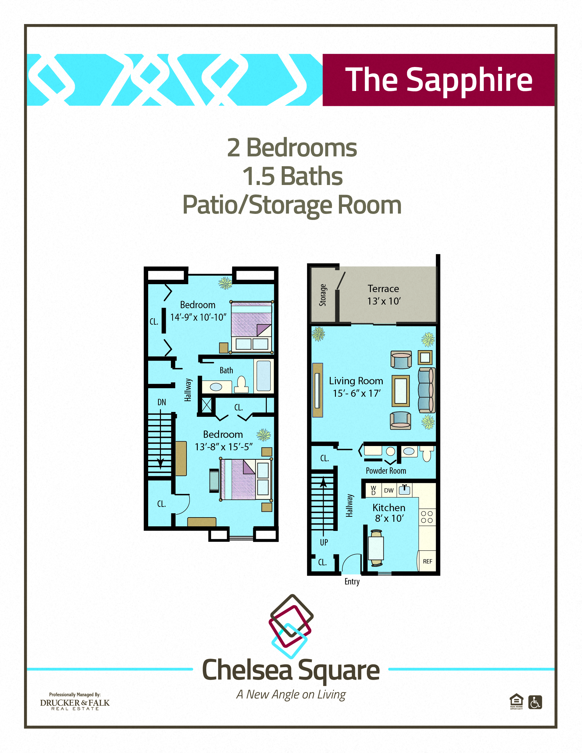 Floor plan for 2 beds, 1.5 baths, 1200 sqft